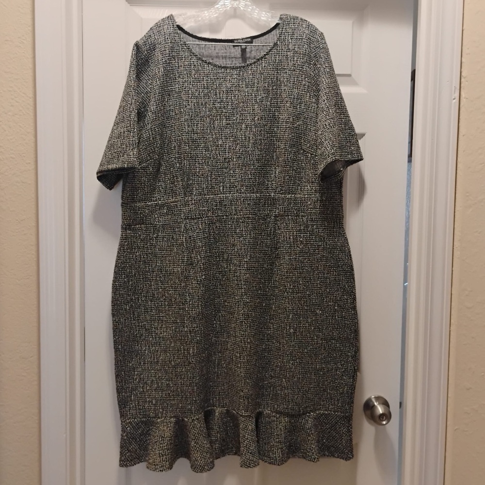 Eileen Fisher Tweed Knit Dress Ruffle Hem Gray Minimalist Career 1X Plus Size